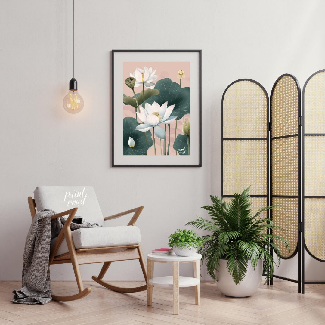 This elegant digital illustration features white lotus flowers with delicate petals and subtle yell… for living room