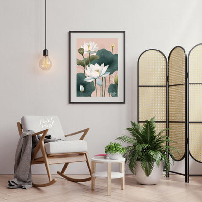 This elegant digital illustration features white lotus flowers with delicate petals and subtle yell… for living room