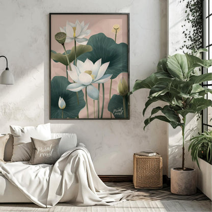 This elegant digital illustration features white lotus flowers with delicate petals and subtle yell… for living room