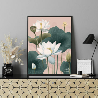 This elegant digital illustration features white lotus flowers with delicate petals and subtle yell… for office