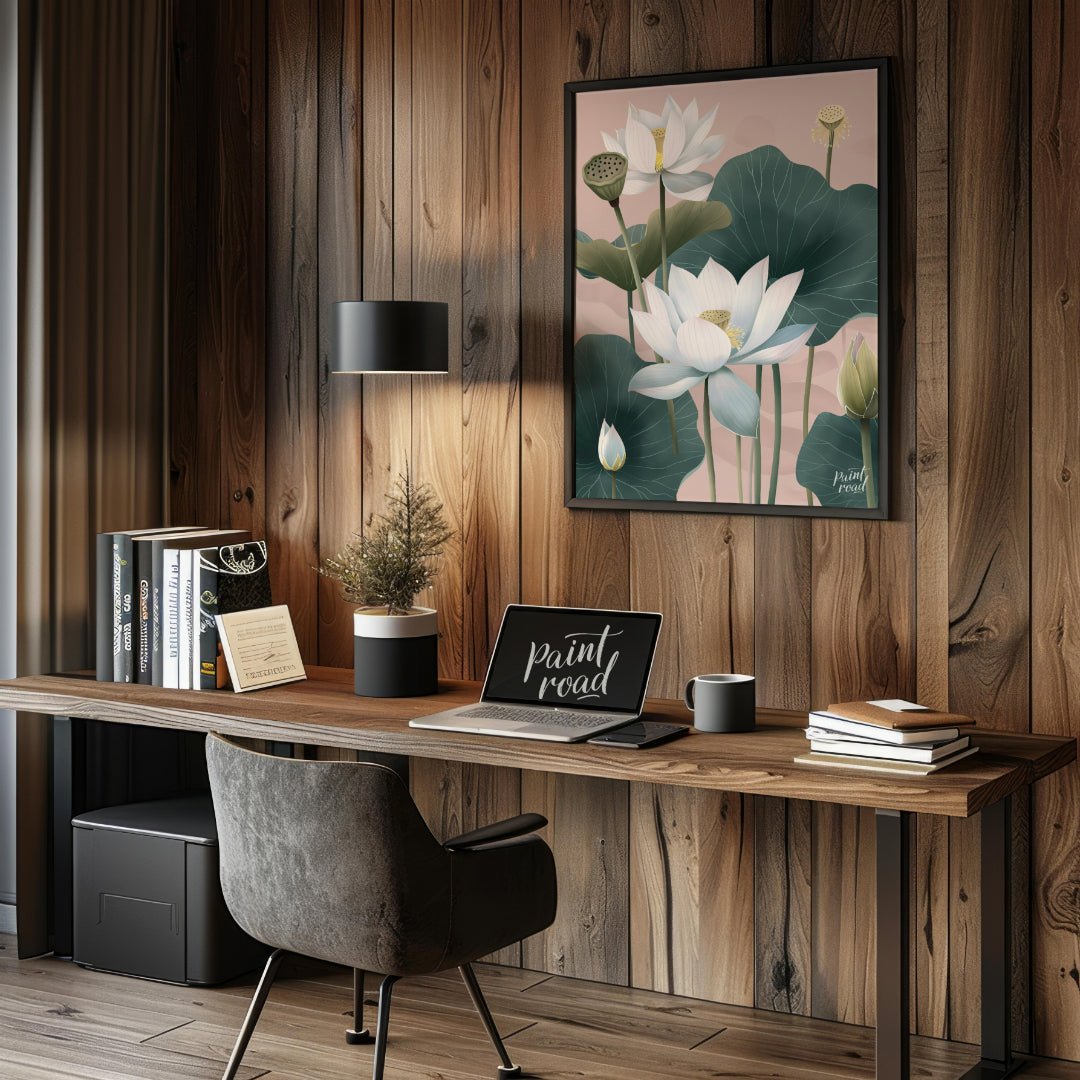 This elegant digital illustration features white lotus flowers with delicate petals and subtle yell… for office