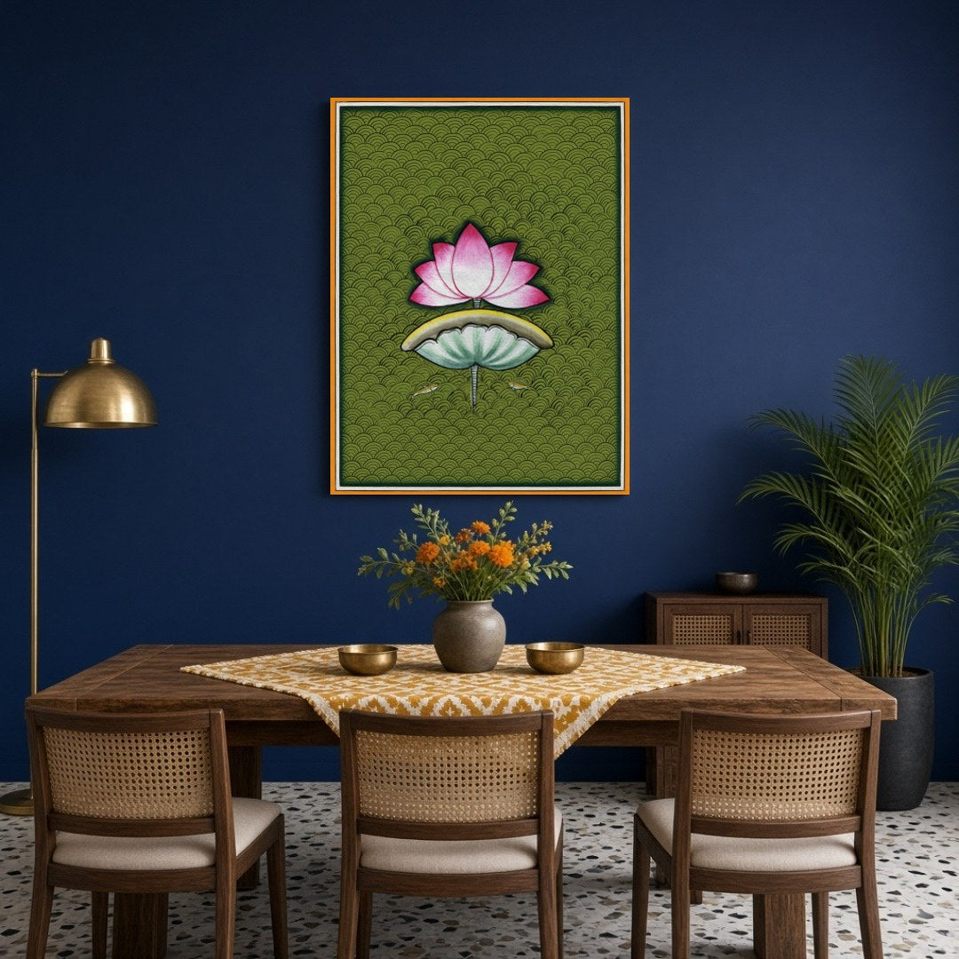 Immerse yourself in the soothing beauty of Pichwai art with this captivating portrayal of a lotus for Dining