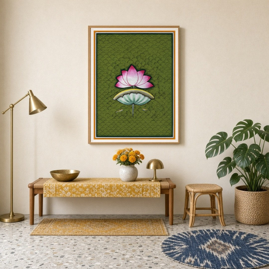 Immerse yourself in the soothing beauty of Pichwai art with this captivating portrayal of a lotus for Entrance