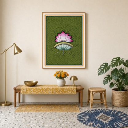 Immerse yourself in the soothing beauty of Pichwai art with this captivating portrayal of a lotus for Entrance