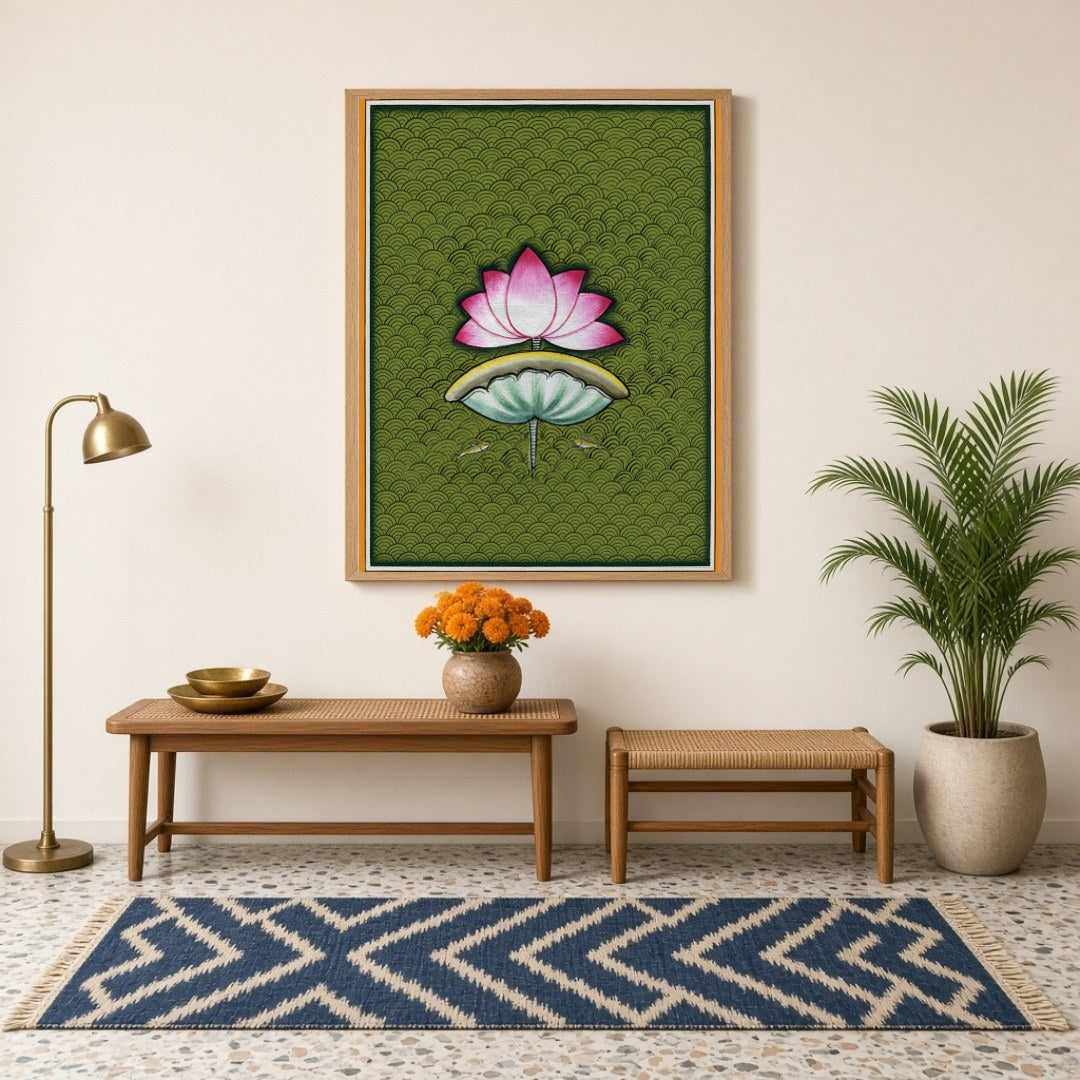 Immerse yourself in the soothing beauty of Pichwai art with this captivating portrayal of a lotus for Hallway