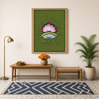 Immerse yourself in the soothing beauty of Pichwai art with this captivating portrayal of a lotus for Hallway