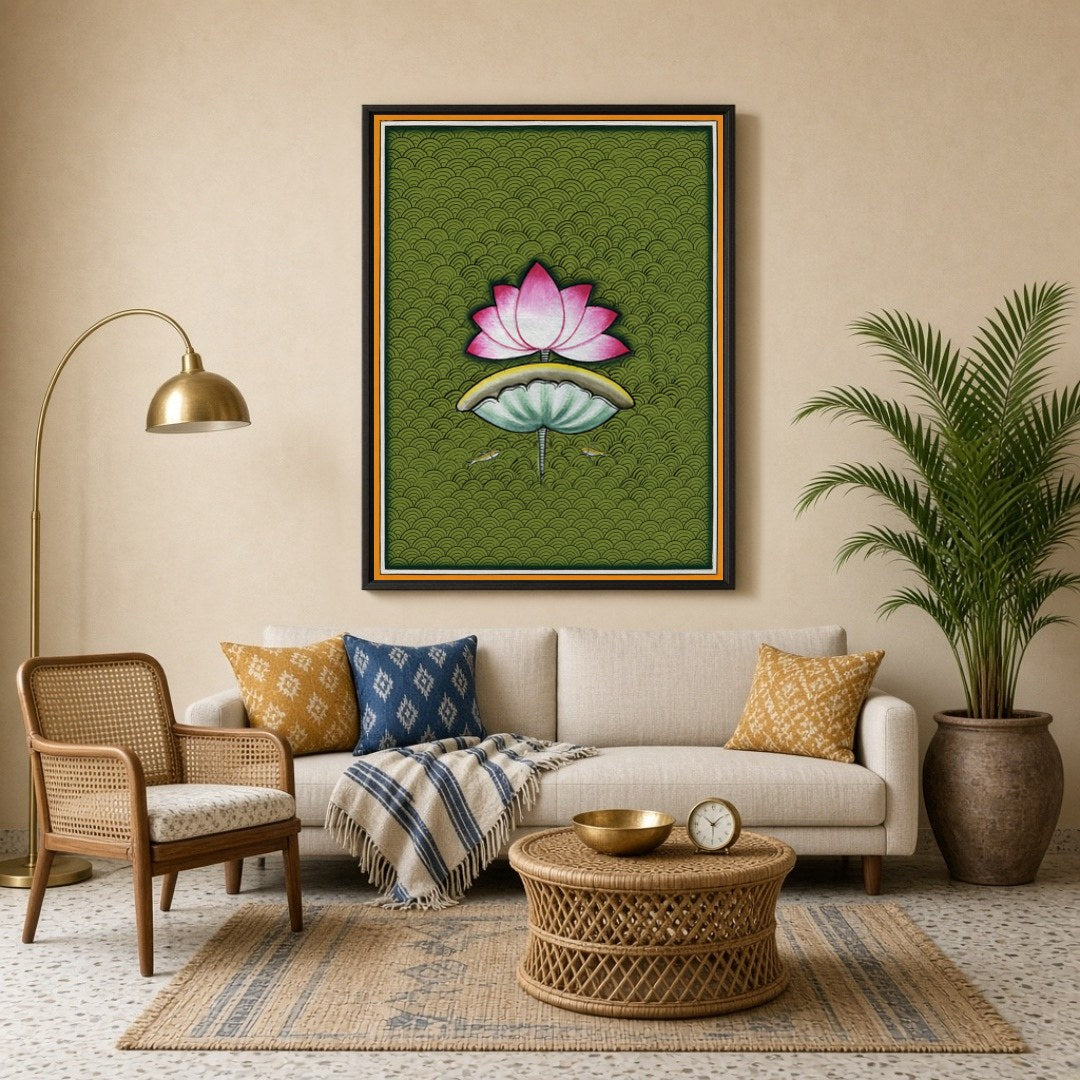 Immerse yourself in the soothing beauty of Pichwai art with this captivating portrayal of a lotus for Living Room