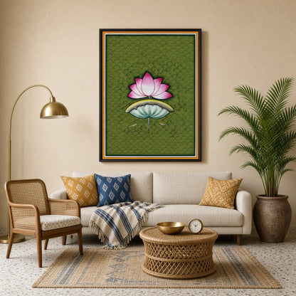 Immerse yourself in the soothing beauty of Pichwai art with this captivating portrayal of a lotus for Living Room