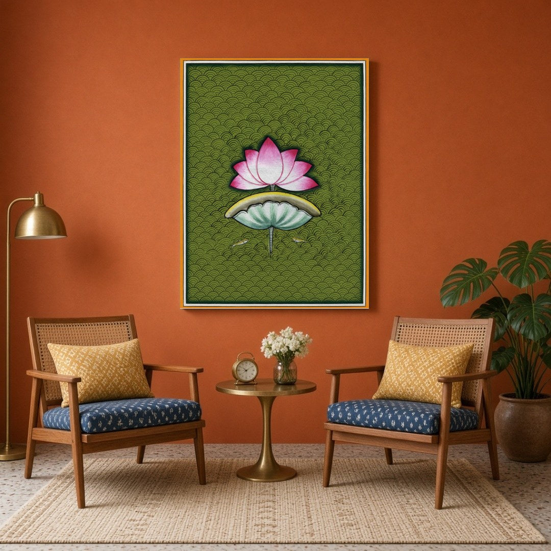 Immerse yourself in the soothing beauty of Pichwai art with this captivating portrayal of a lotus for Sitting Area