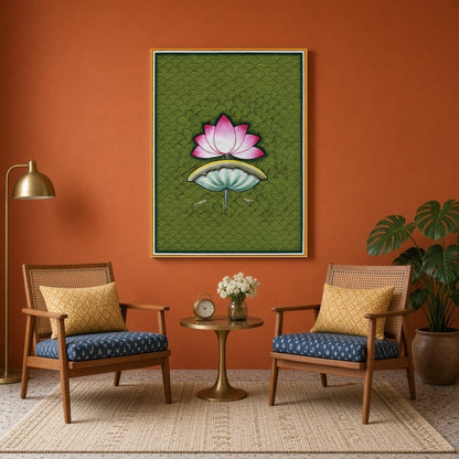 Immerse yourself in the soothing beauty of Pichwai art with this captivating portrayal of a lotus for Sitting Area