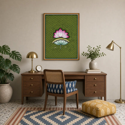 Immerse yourself in the soothing beauty of Pichwai art with this captivating portrayal of a lotus for Study