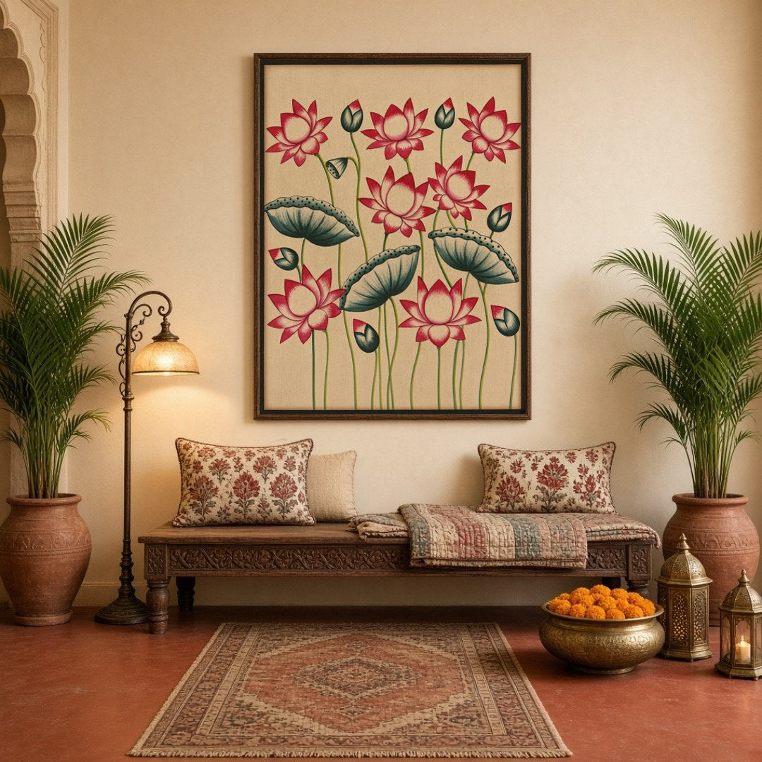 Experience the tranquil beauty of Lotus Harmony in Vibrant Pichwai, where traditional Indian for Hallway