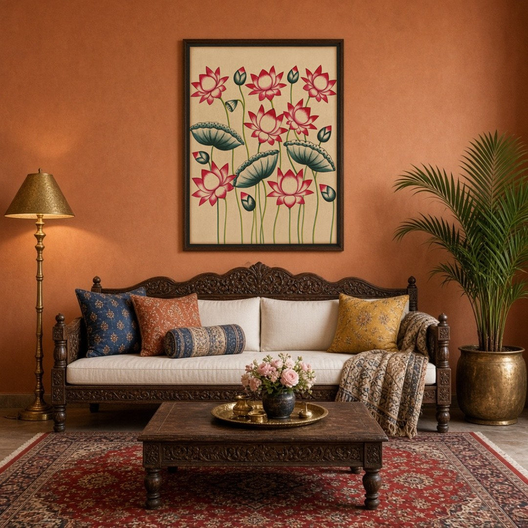 Experience the tranquil beauty of Lotus Harmony in Vibrant Pichwai, where traditional Indian for Living Room