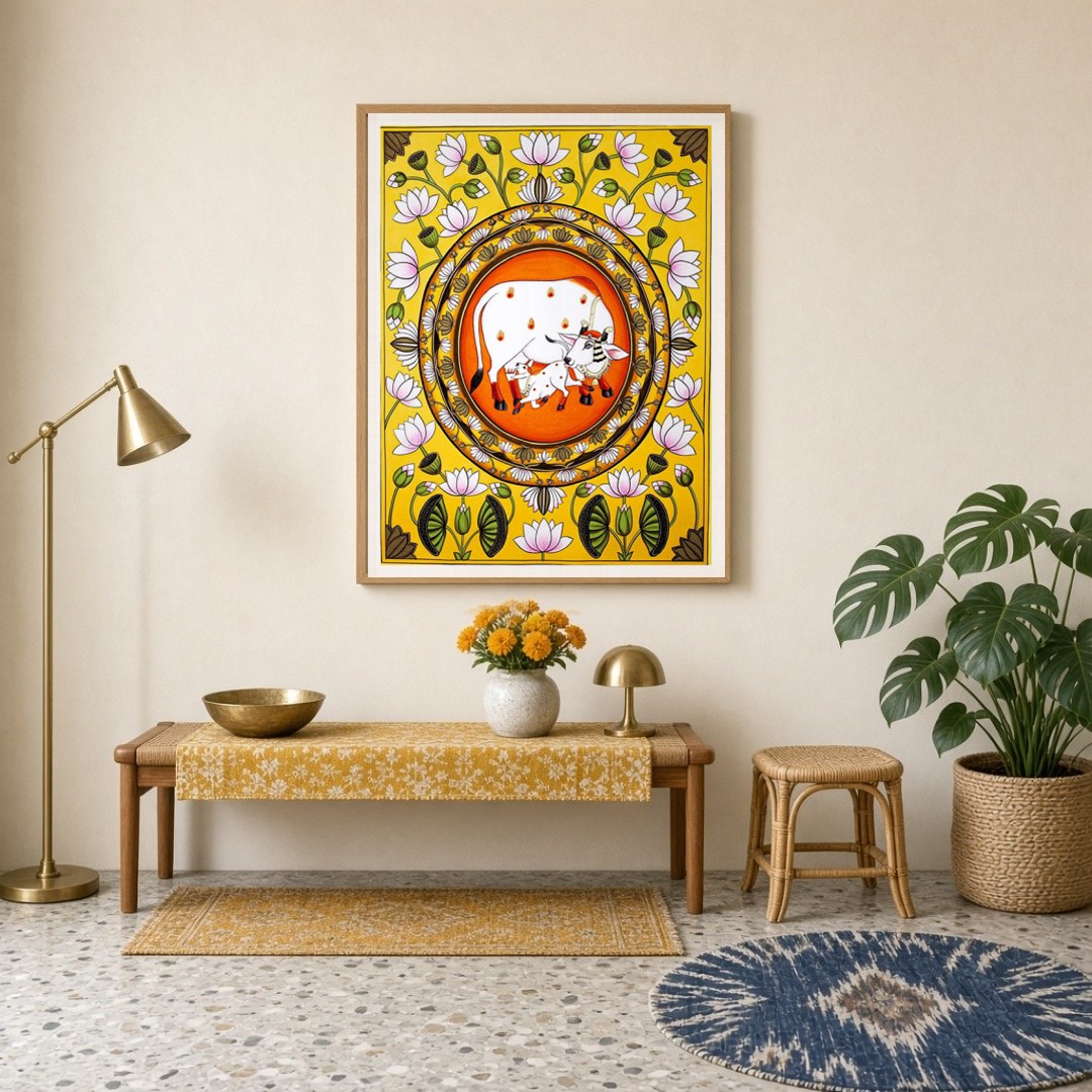 Immerse yourself in the rich tradition of Indian art with this exquisite Pichwai painting, for Entrance