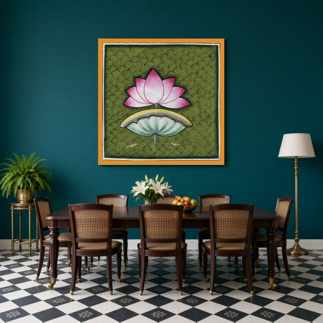 This captivating Pichwai art piece celebrates the timeless beauty of the lotus against a rich, for Dining