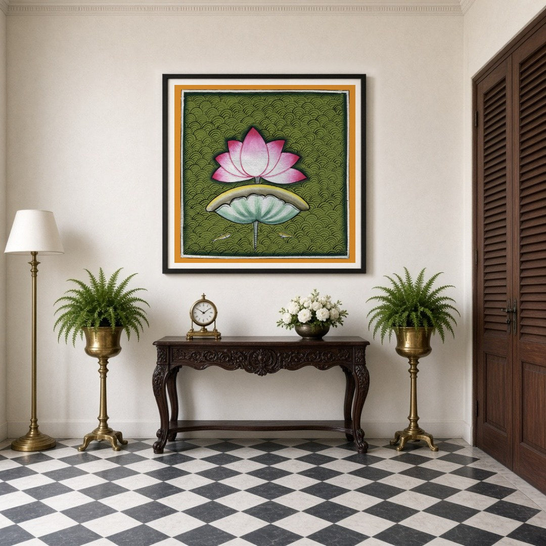 This captivating Pichwai art piece celebrates the timeless beauty of the lotus against a rich, for Entrance