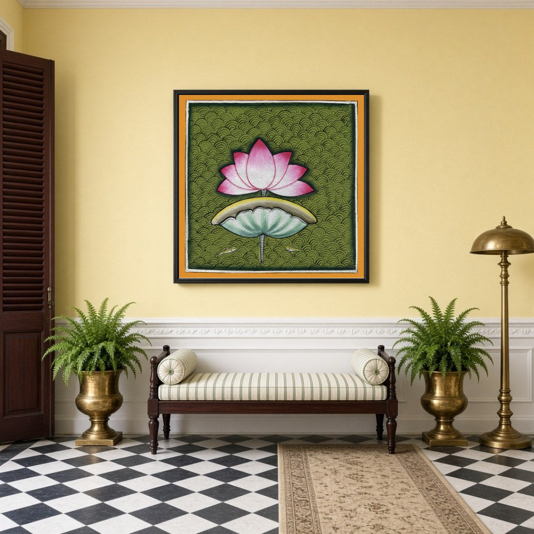 This captivating Pichwai art piece celebrates the timeless beauty of the lotus against a rich, for Hallway