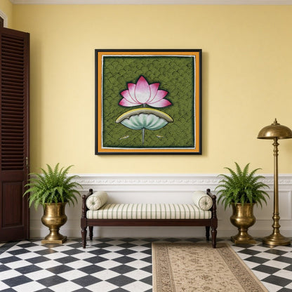 This captivating Pichwai art piece celebrates the timeless beauty of the lotus against a rich, for Hallway