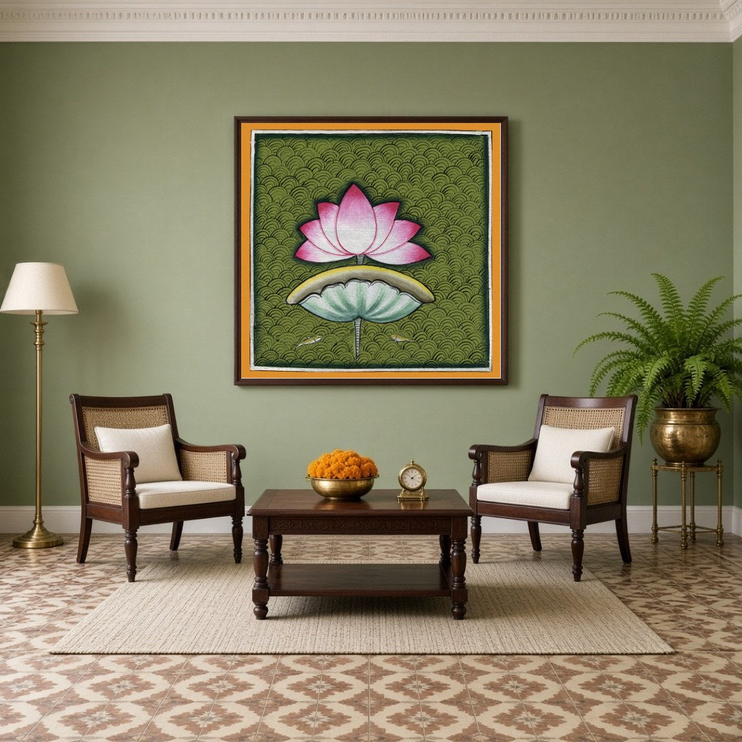 This captivating Pichwai art piece celebrates the timeless beauty of the lotus against a rich, for Living Room