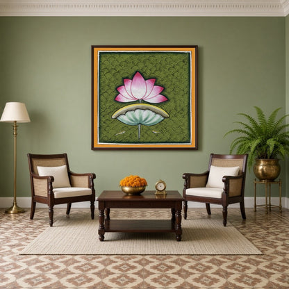 This captivating Pichwai art piece celebrates the timeless beauty of the lotus against a rich, for Living Room
