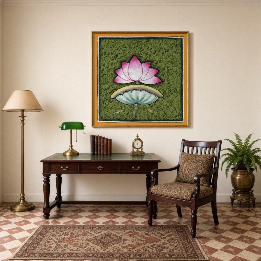 This captivating Pichwai art piece celebrates the timeless beauty of the lotus against a rich, for Study
