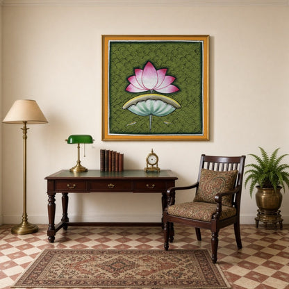 This captivating Pichwai art piece celebrates the timeless beauty of the lotus against a rich, for Study