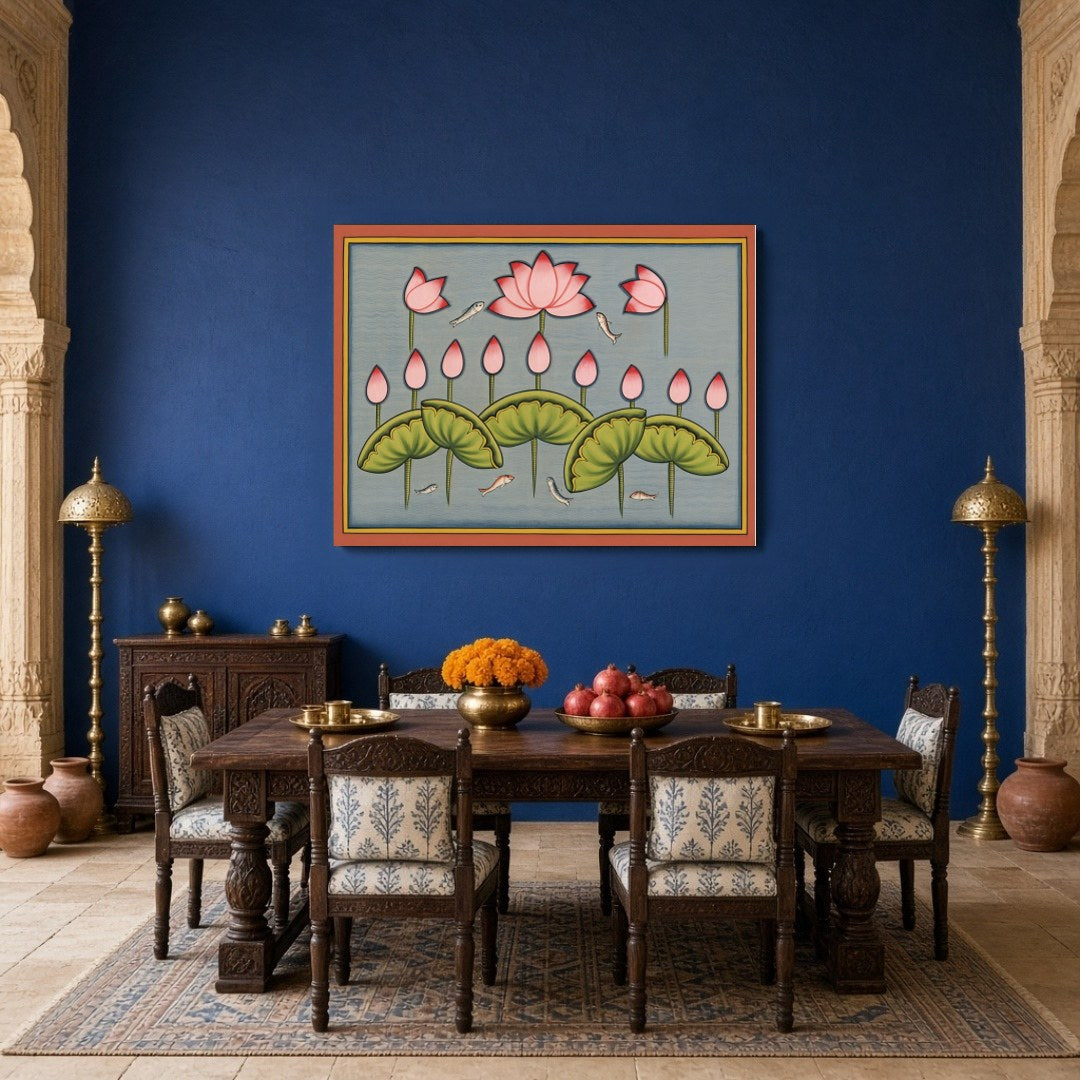 Immerse yourself in the tranquil beauty of Pichwai art with this exquisite piece featuring delicate for Dining