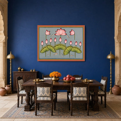 Immerse yourself in the tranquil beauty of Pichwai art with this exquisite piece featuring delicate for Dining