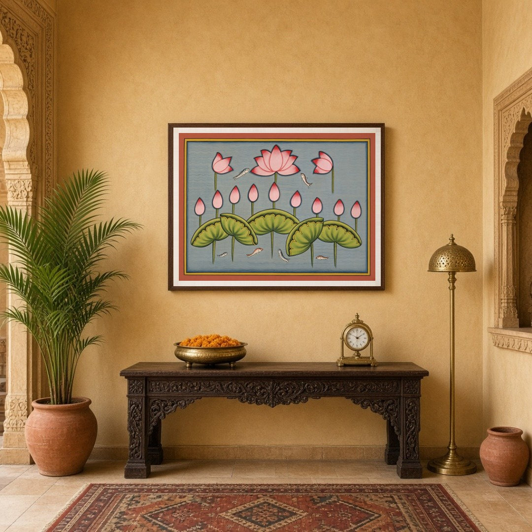 Immerse yourself in the tranquil beauty of Pichwai art with this exquisite piece featuring delicate for Entrance