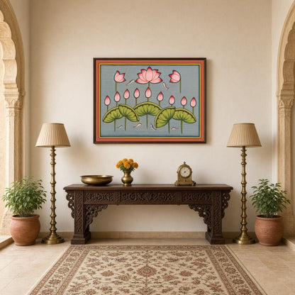 Immerse yourself in the tranquil beauty of Pichwai art with this exquisite piece featuring delicate for Hallway