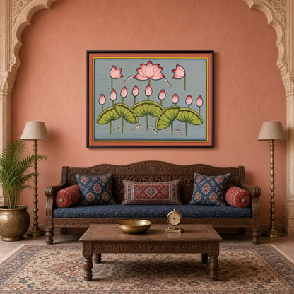 Immerse yourself in the tranquil beauty of Pichwai art with this exquisite piece featuring delicate for Living Room