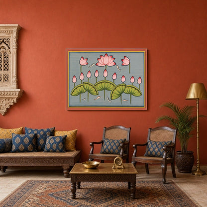 Immerse yourself in the tranquil beauty of Pichwai art with this exquisite piece featuring delicate for Sitting Area
