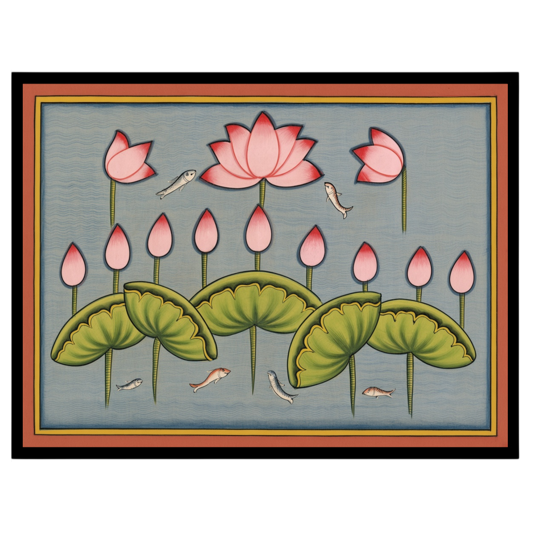 Immerse yourself in the tranquil beauty of Pichwai art with this exquisite piece featuring delicate for studio