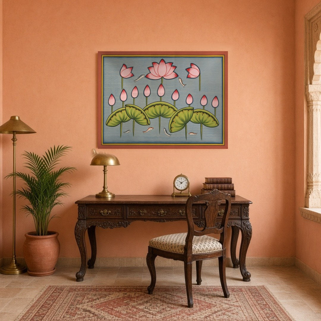 Immerse yourself in the tranquil beauty of Pichwai art with this exquisite piece featuring delicate for Study
