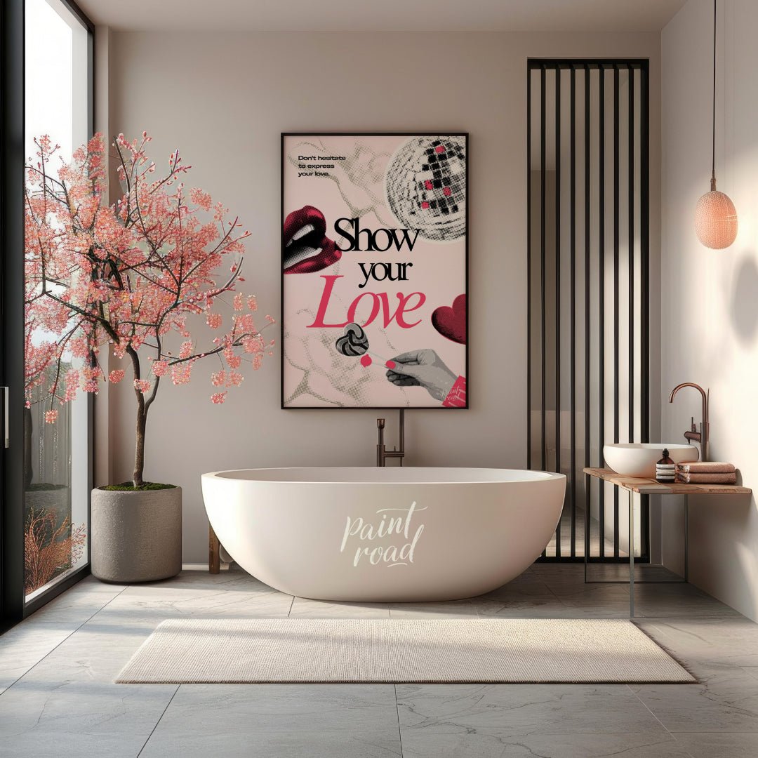 "Love Expression Collage" presents a digital collage with a bold, graphic aesthetic, featuring elem… for bathroom