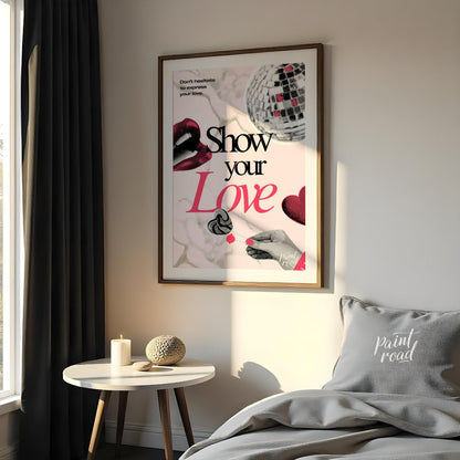 "Love Expression Collage" presents a digital collage with a bold, graphic aesthetic, featuring elem… for bedroom