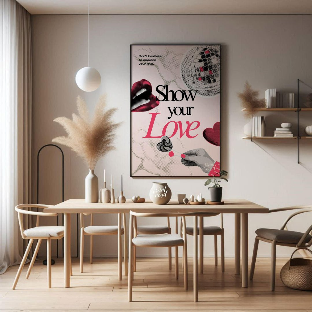 "Love Expression Collage" presents a digital collage with a bold, graphic aesthetic, featuring elem… for dining room
