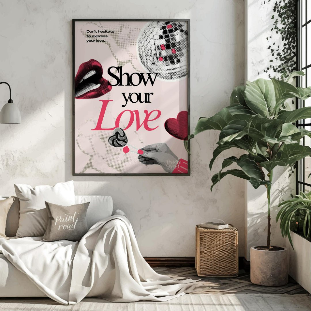 "Love Expression Collage" presents a digital collage with a bold, graphic aesthetic, featuring elem… for living room