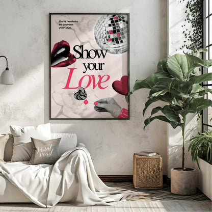 "Love Expression Collage" presents a digital collage with a bold, graphic aesthetic, featuring elem… for living room