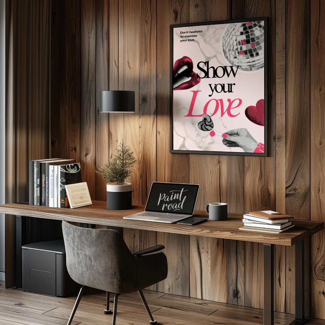 "Love Expression Collage" presents a digital collage with a bold, graphic aesthetic, featuring elem… for office