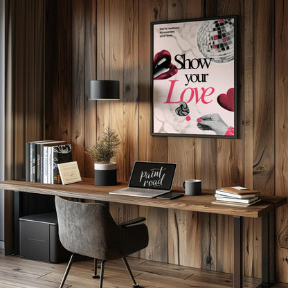 "Love Expression Collage" presents a digital collage with a bold, graphic aesthetic, featuring elem… for office