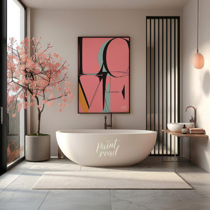 This bold and contemporary art print features the word “LOVE” rendered in a highly stylized, abstra… for bathroom