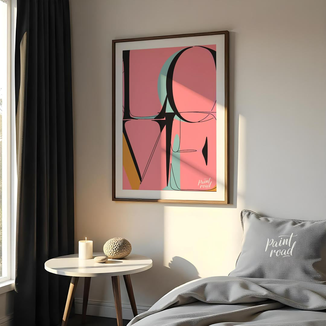 This bold and contemporary art print features the word “LOVE” rendered in a highly stylized, abstra… for bedroom