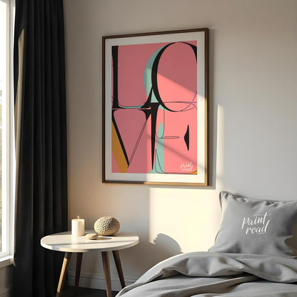 This bold and contemporary art print features the word “LOVE” rendered in a highly stylized, abstra… for bedroom