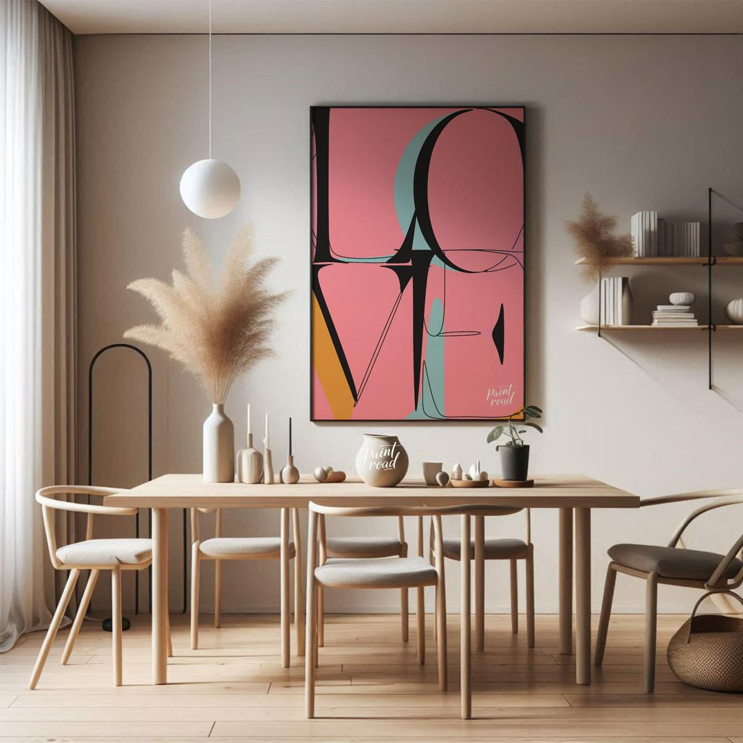 This bold and contemporary art print features the word “LOVE” rendered in a highly stylized, abstra… for dining room