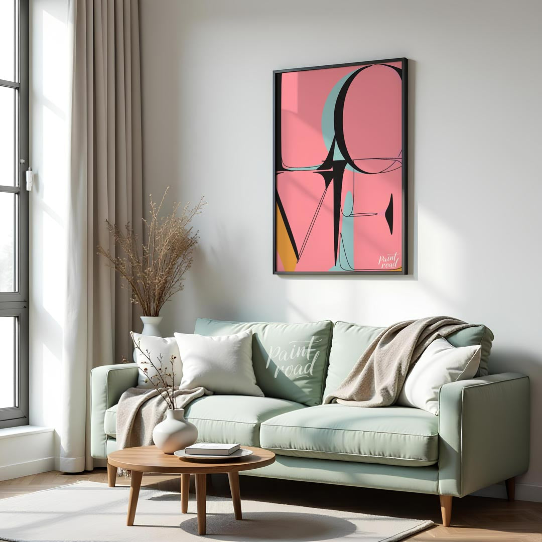 This bold and contemporary art print features the word “LOVE” rendered in a highly stylized, abstra… for living room