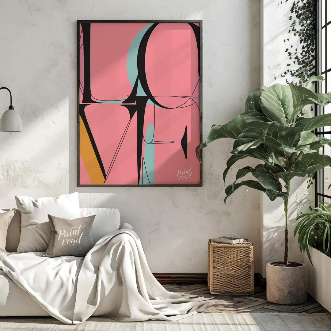 This bold and contemporary art print features the word “LOVE” rendered in a highly stylized, abstra… for living room