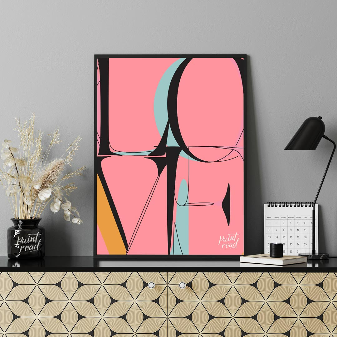 This bold and contemporary art print features the word “LOVE” rendered in a highly stylized, abstra… for office