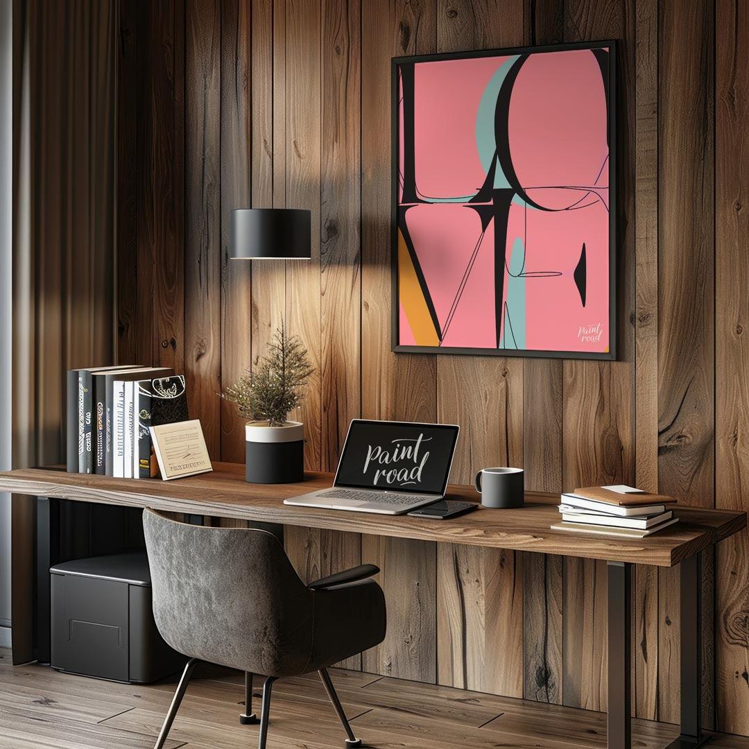 This bold and contemporary art print features the word “LOVE” rendered in a highly stylized, abstra… for office