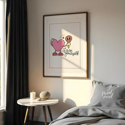 This adorable and quirky art print features a charming, cartoon-style pink heart character with arm… for bedroom